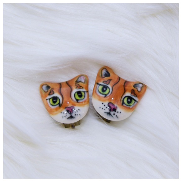 Jewelry - Adorable Handcrafted Cat Clip On Earrings